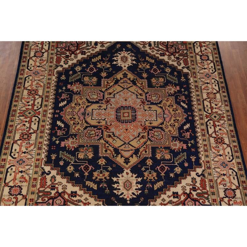 Blue Geometric Heriz Serapi Indian Area Rug Handmade Wool Carpet - 8'9"x 11'11"