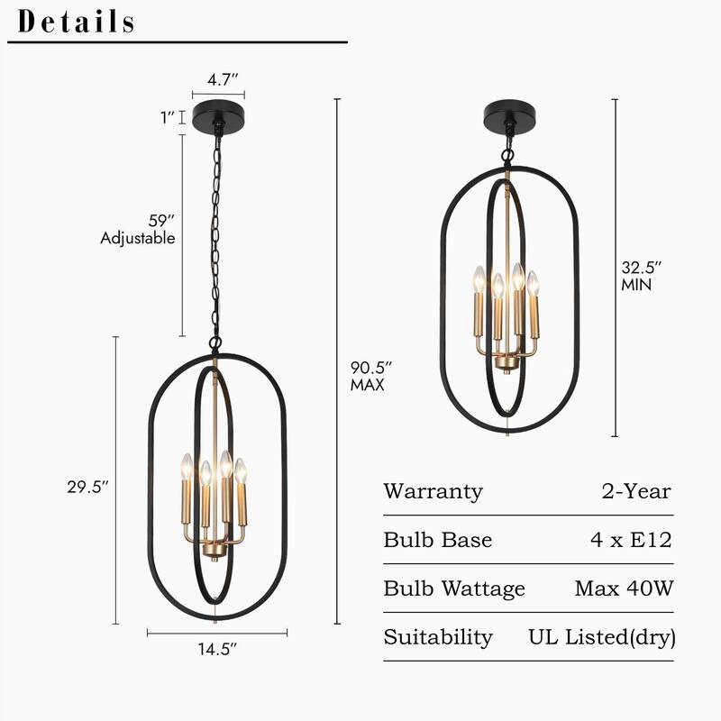 Modern 4-Light Black Gold Metal Chandelier Geometric Candle Pendant Light for Dining Room - 14.5" L x 11" W x 29.5" H
