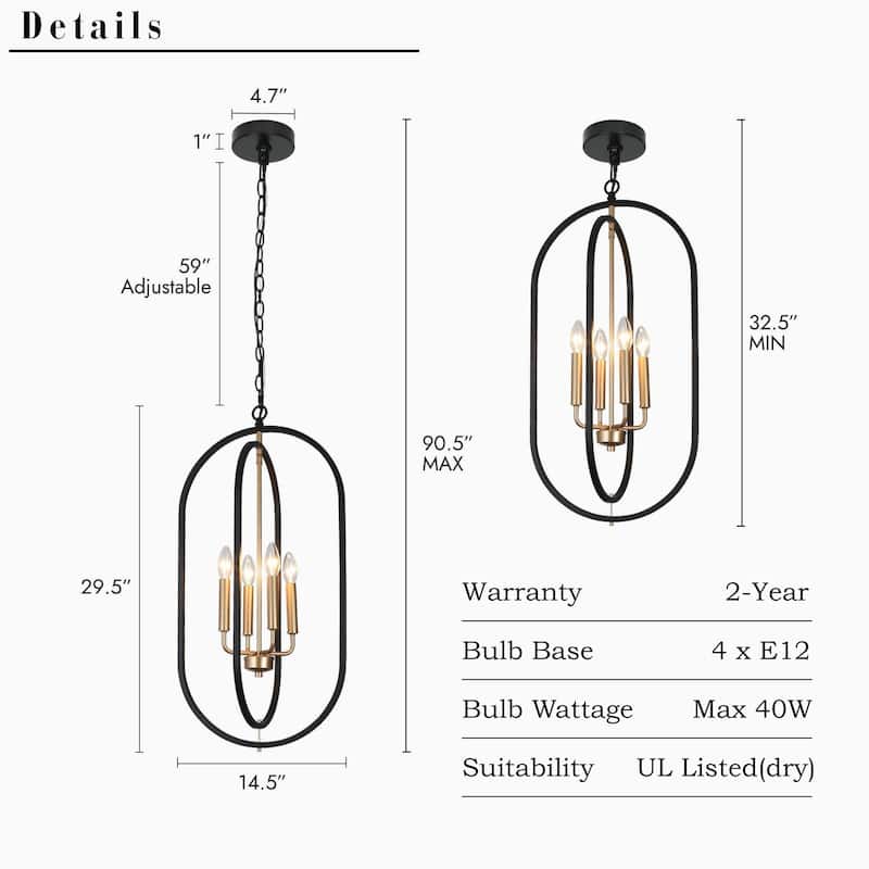 Modern Farmhouse 4-Light Black Gold Chandelier Metal Pendant Light for Dining Room - 14.5" L x 11" W x 29.5" H