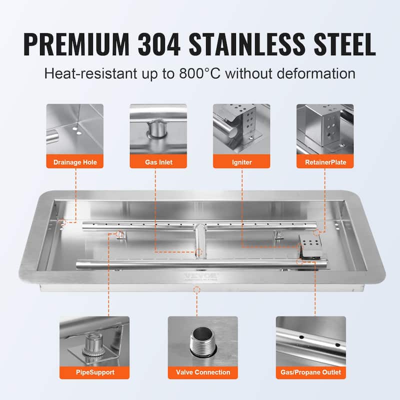 VEVOR 24x8 30x10 & 36x12 inch Rectangular Fire Pit Pan Stainless Steel 120,000 to 150,000 BTU for Indoor Outdoor