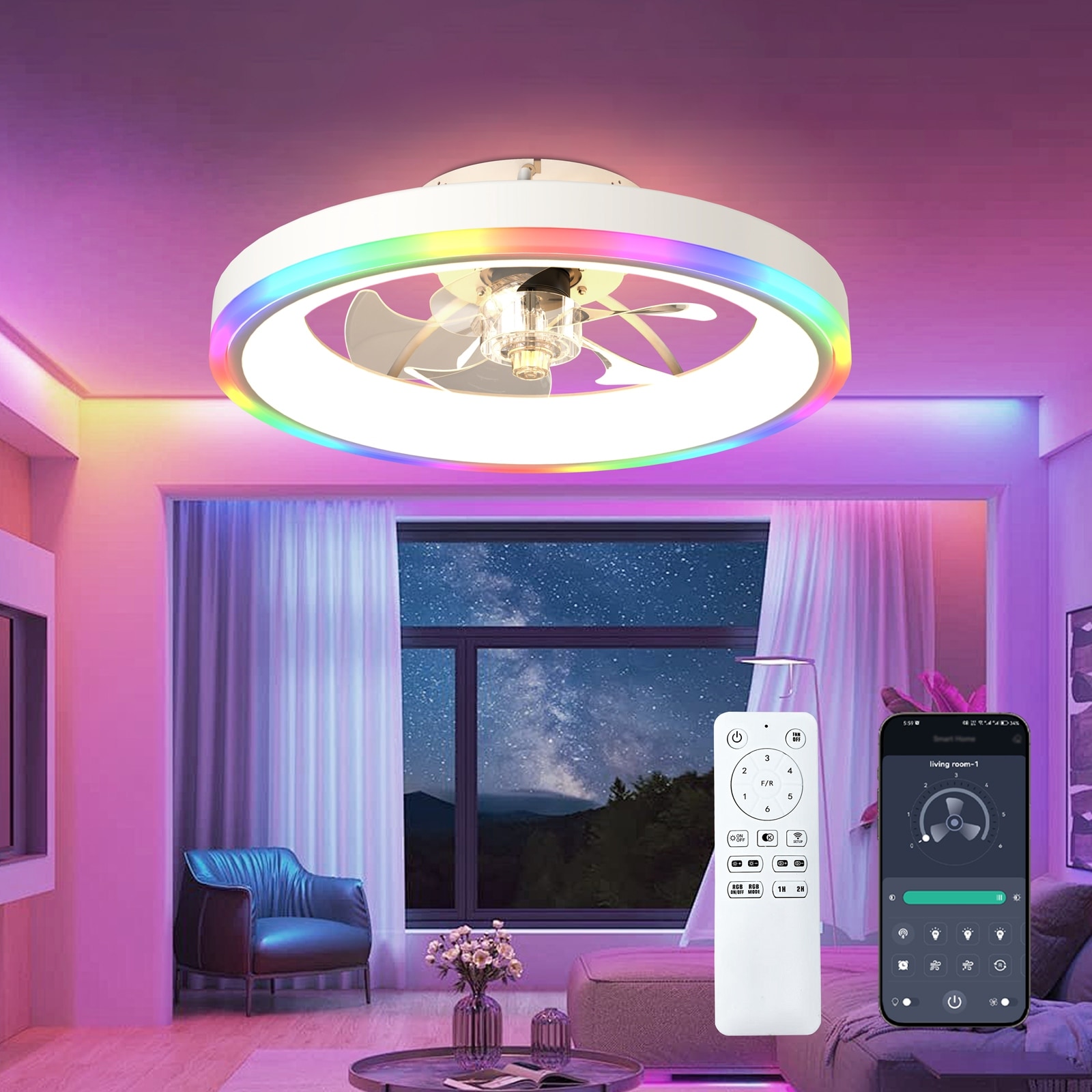 19.7" Modern RGB Ceiling Fan with Lights, Flush Mount Low Profile Fan with Remote & APP, 6-Speed Reversible Silent DC Motor