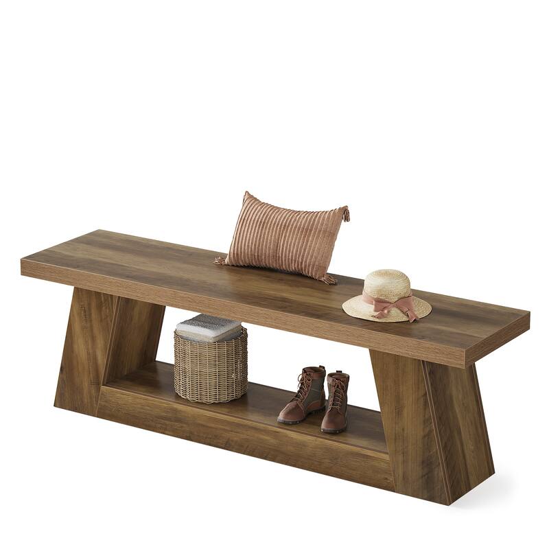 63" Extra Long Wooden Entryway Bench, 2-Tier Storage Shelf Hallway Seating Bench for Living Room, Bedroom, Kitchen