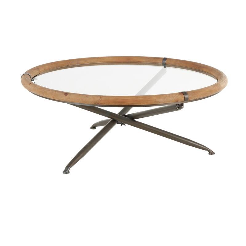 Brass Metal Round Living Room Coffee Table with Brown Wooden Framed Glass Tabletop