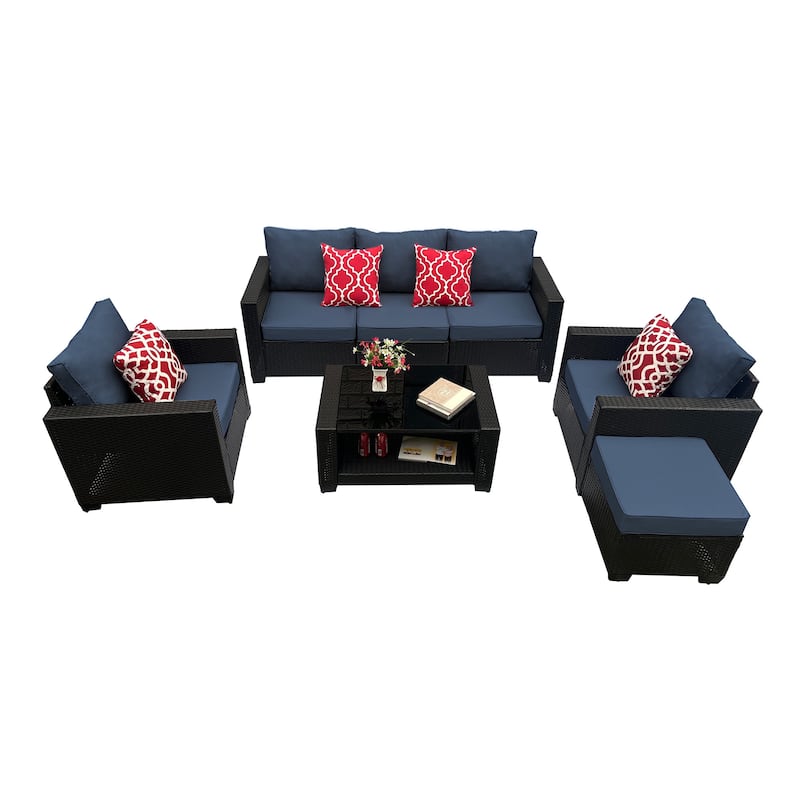 Outdoor Garden Patio Furniture 7-Piece PE Rattan Wicker Cushioned Sofa Sets with 2 Pillows and Coffee Table