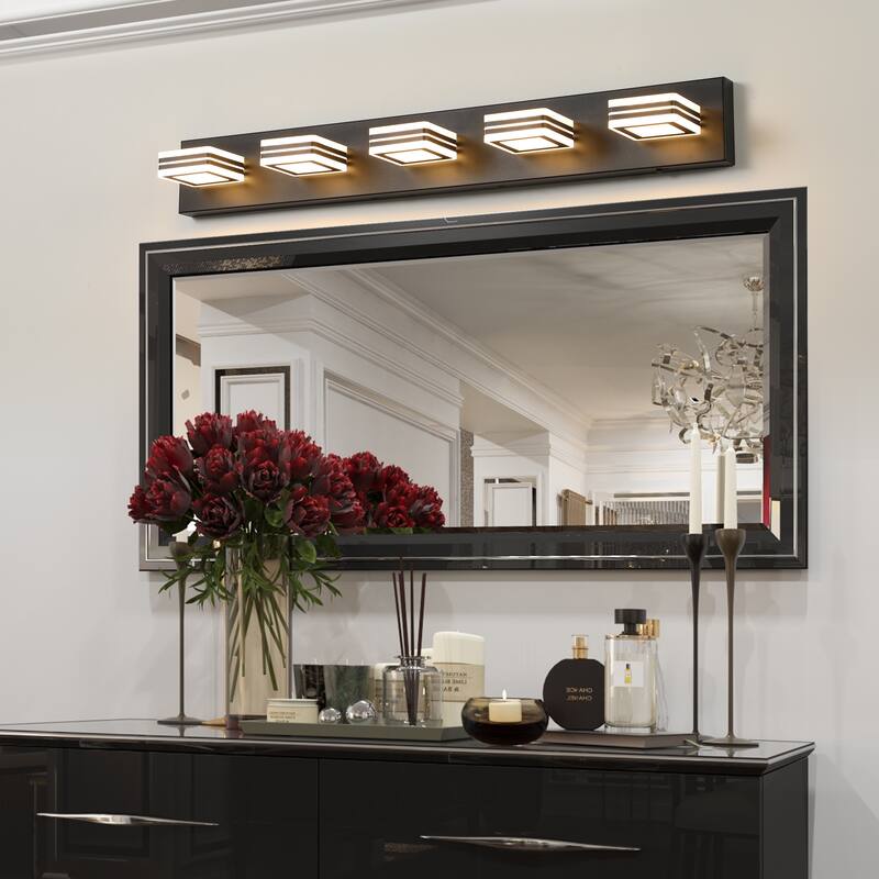 34" Modern 5-Light LED Vanity Light - Sleek Bathroom Wall Fixture, Iron & Acrylic, Dimmable & Energy-Efficient - Black