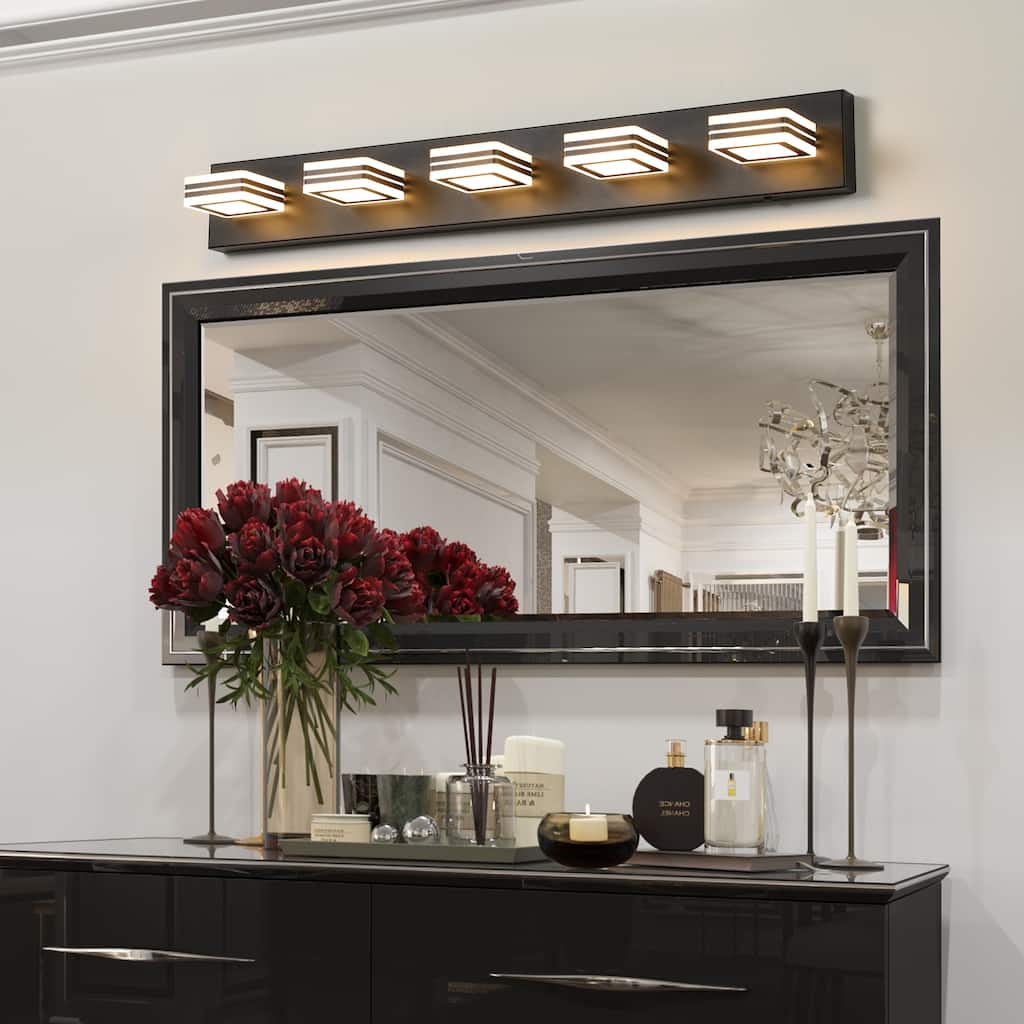 34" Modern 5-Light LED Vanity Light - Sleek Bathroom Wall Fixture, Iron & Acrylic, Dimmable & Energy-Efficient