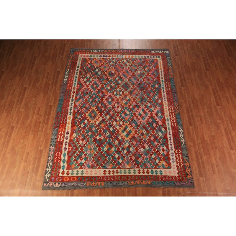 Geometric Orange Kilim Oriental Area Rug Handmade Wool Carpet - 8'5"x 11'4"