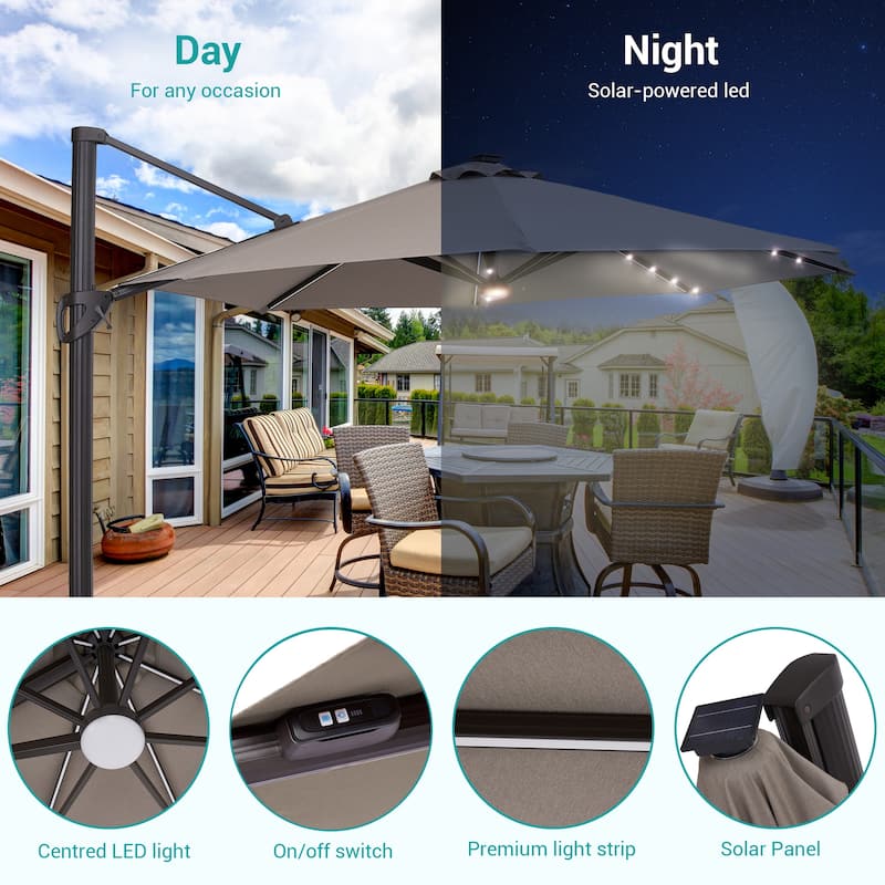 Bonosuki 11Ft Aluminum LED Cantilever Patio Umbrella with Base for Patio Deck Garden