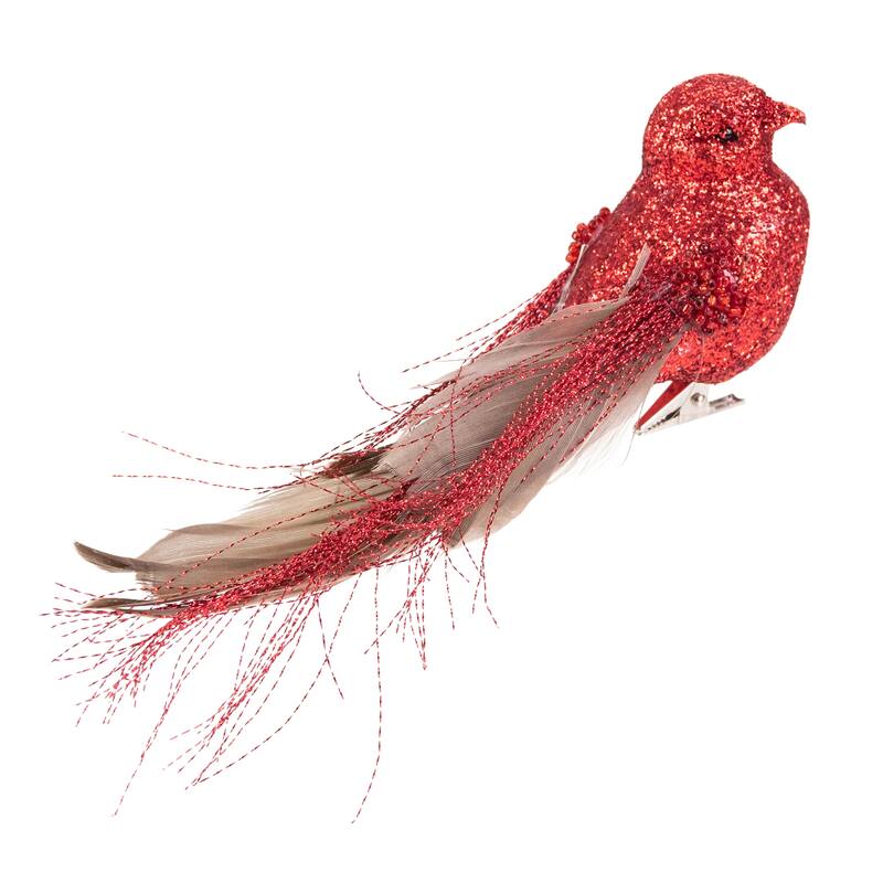 7" Red Brown Glittered Bird Feather Tail Christmas Ornament Clip