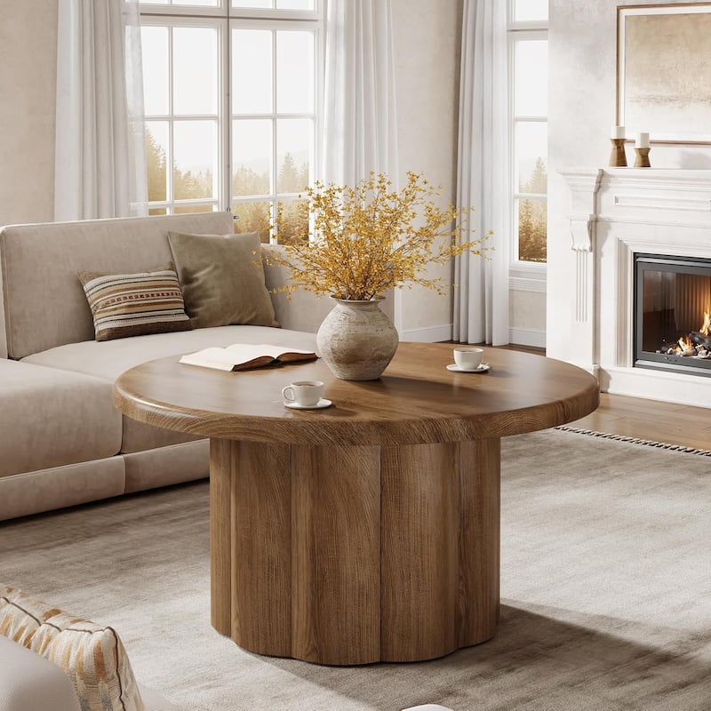 31.5" Round Coffee Table for Living Room, Farmhouse Circle Center Table with Fluted Drum Base - 31.5" D x 31.5" W x 17.72" H