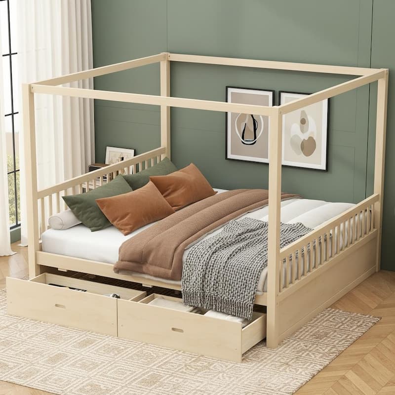 Wooden Canopy Bed with Hidden Storage Drawers by Harper&Bright Designs