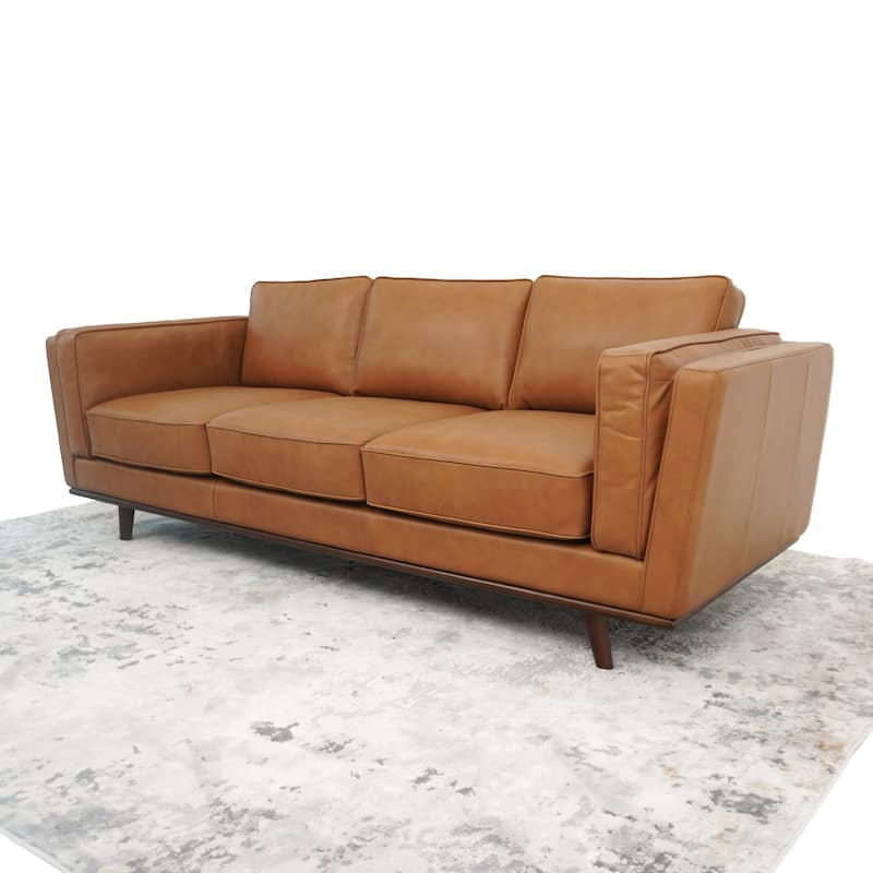 GDF Studio - Chase Mid Century Modern Genuine Leather Upholstered 3-Seat Sofa - 90.4"W