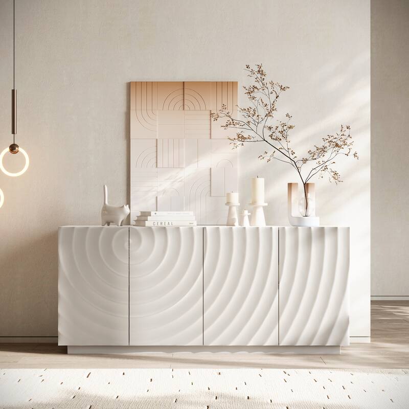 3D Wave Textured Doors Buffet Cabinet Sideboard, 59" Rectangular Storage Cabinet Entryway Floor Cabinet Accent Cabinet - White