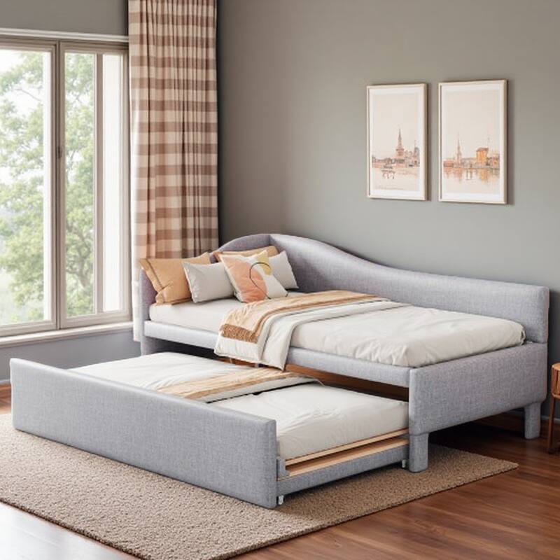 Twin Size L-Shaped Upholstered Daybed with Pull-Out Trundle, Linen Fabric, Convertible to Irregular King - Gray