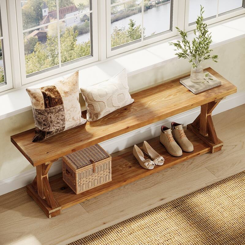 59'' Solid Wood Entryway Bench, 2-Tier Farmhouse Foyer Shoe Bench