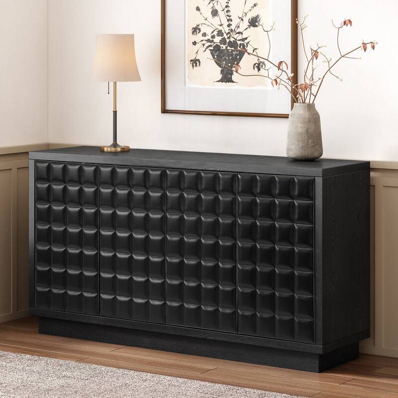 Buffet Cabinet with Storage, 4-Door Wood Sideboard with Adjustable Shelves, Geometric Door Design, Modern Home Coffee Bar