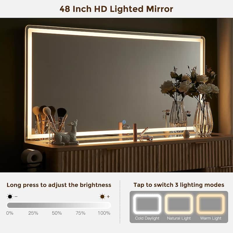 Modern Fluted Makeup Vanity Desk with Mirror, Lights, Charging Station