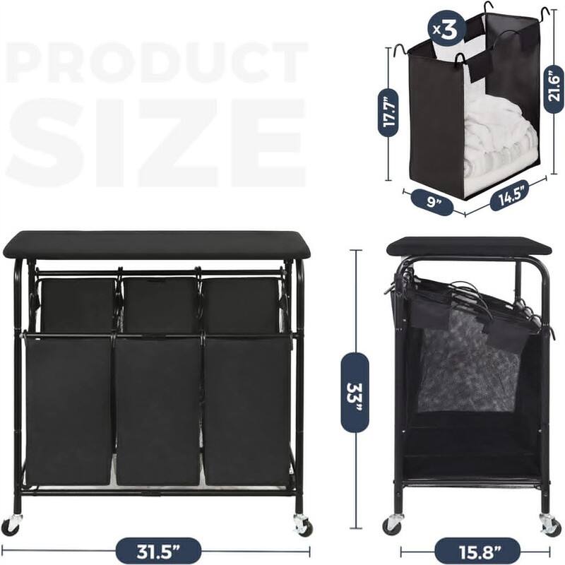 Laundry Sorter 3 Section with Ironing Board - 31.5 x 15.8 x 33