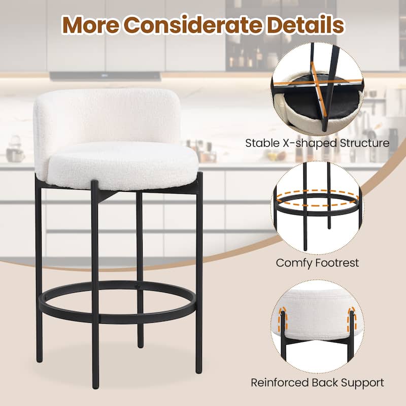 24 Inch Modern Sherpa Fabric Bar Stools with Thick Cushion Seat and Metal Frame for Kitchen Island - 18.5" x 17.5" x 30.5"