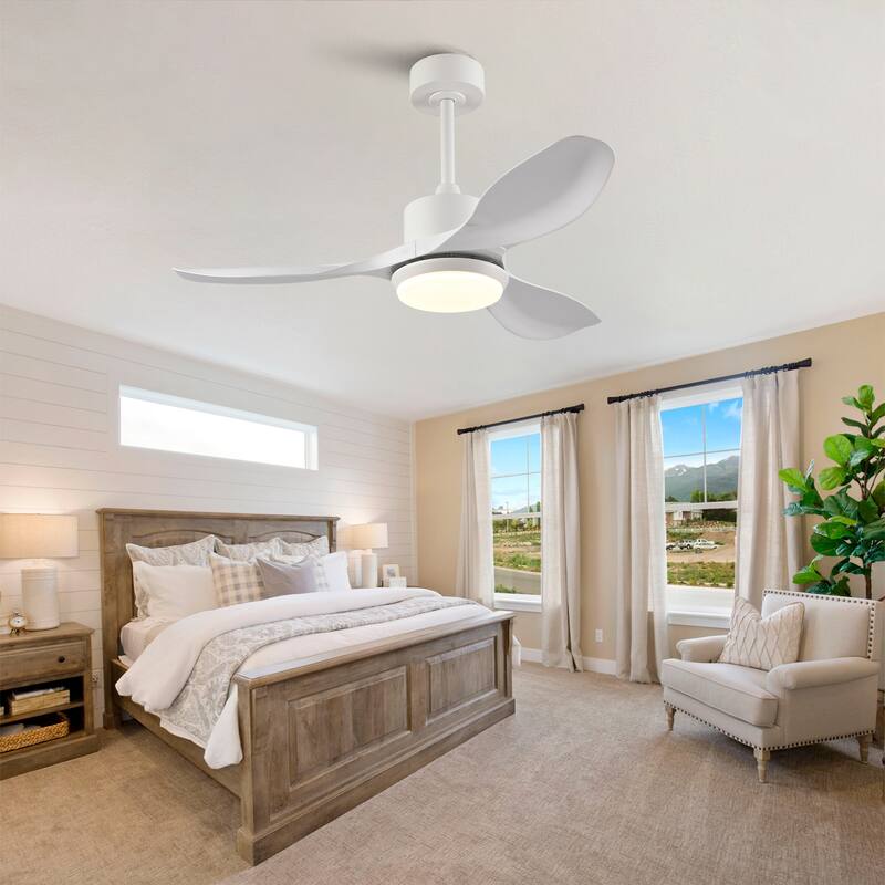 42-Inch Modern White Ceiling Fan With Light, Featuring 3 ABS Plastic Blades, Remote Control Operation - White Marble