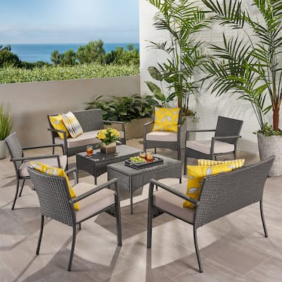 Cancun Outdoor 8 Seater Wicker Chat Set with Cushions by Christopher Knight Home