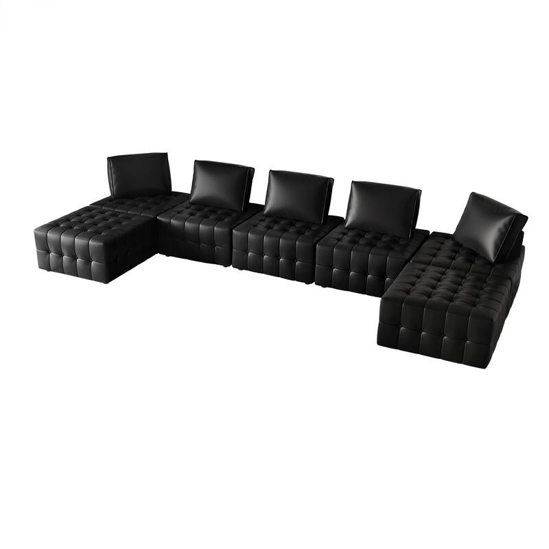 CraftPorch 7-Piece Elegance Button-Tufted PU Upholstered with Ottoman - 7 Piece - Black