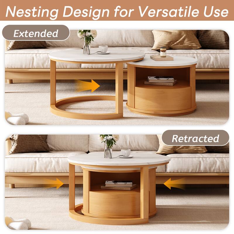 Round Nesting Coffee Table with White Marble Top, 2-Tier storage and 1 drawer, Natural, 28.5"