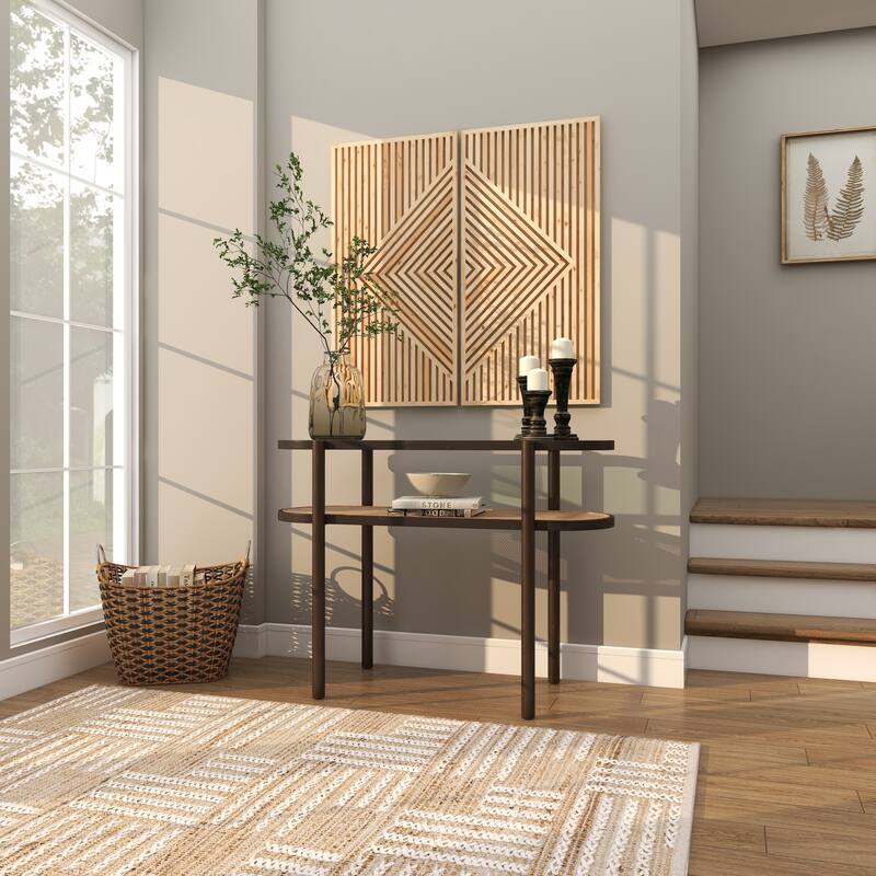 Rattan Oval 1 Shelf Console Table with Pressed Tempered Glass Top and Metal Legs - Brown - Roche River Decor