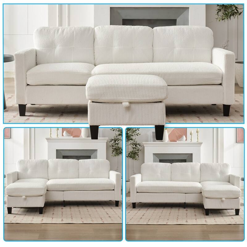 Mixoy 76'' L-Shaped Small Sofa Couch,3-Seater Corduroy Sectional Sofa with Storage Ottoman