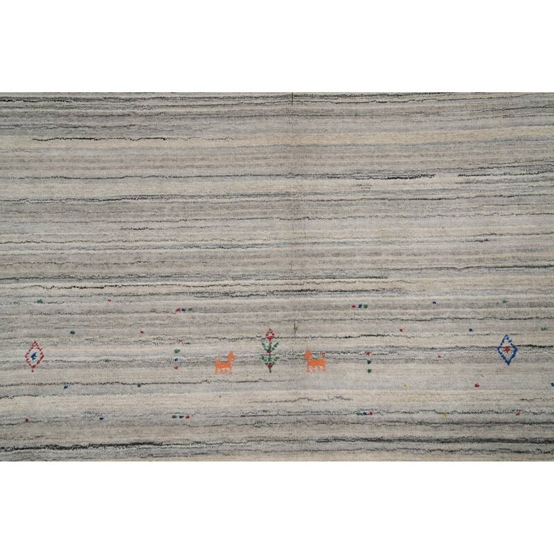 Hand Knotted Oriental Viscose Silk Carpet Tribal Animal Pictorial Greys & Charcoal Gabbeh Area Rug - 9' 9'' X 9' 4''