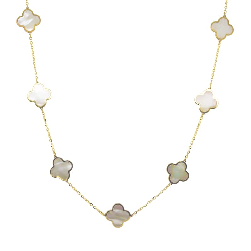 Italian Gold 14K Yellow Gold Mother of Pearl Clover Station Necklace 10mm Pearl Size 16-18 Inch Chain 3.20 grams