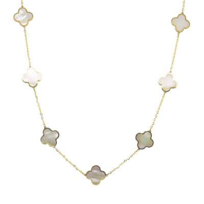 Italian Gold 14K Yellow Gold Mother of Pearl Clover Station Necklace 10mm Pearl Size 16-18 Inch Chain 3.20 grams