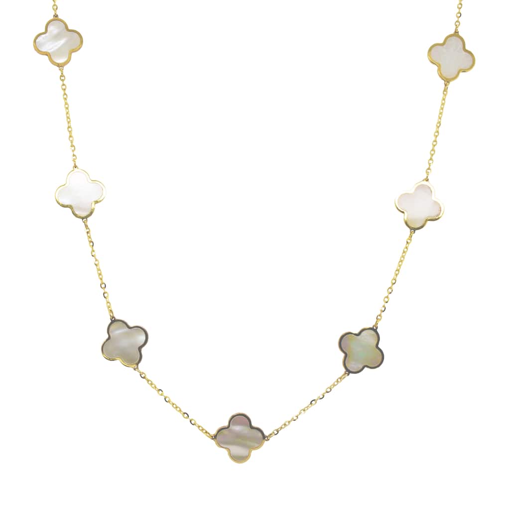 Italian Gold 14K Yellow Gold Mother of Pearl Clover Station Necklace 10mm Pearl Size 16-18 Inch Chain 3.20 grams
