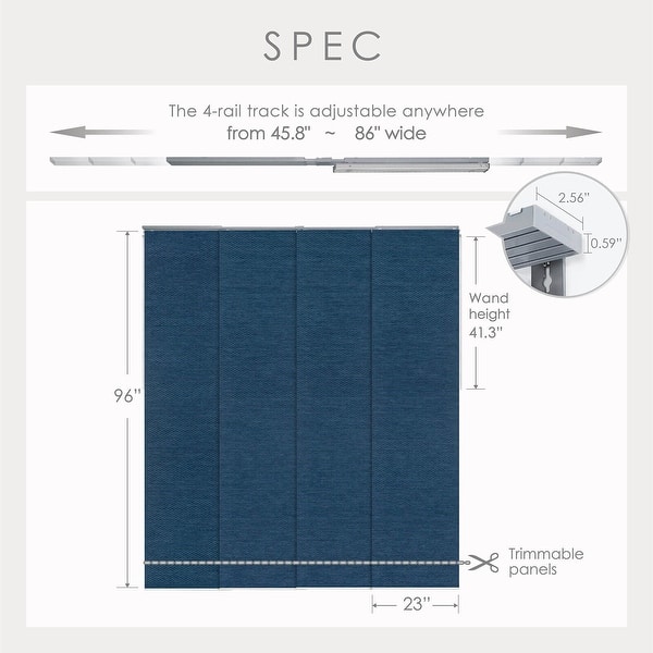 dimension image slide 12 of 13, GoDear Design 99.99% Blackout & Sheer Natural Woven Adjustable Sliding Panel Track Blinds, Vertical Blinds, 45.8"- 86" W x 96" L