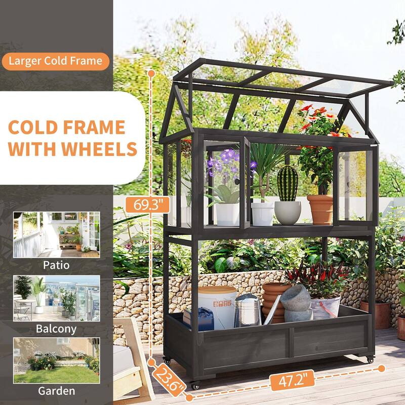 62″ Portable Wood Cold Frame Greenhouse with Storage Box