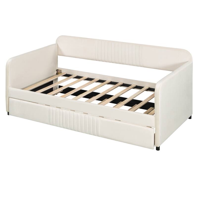 Twin Size Upholstered Daybed Sofa Bed with Trundle and Wood Slat, Light Blue/Beige/Gray