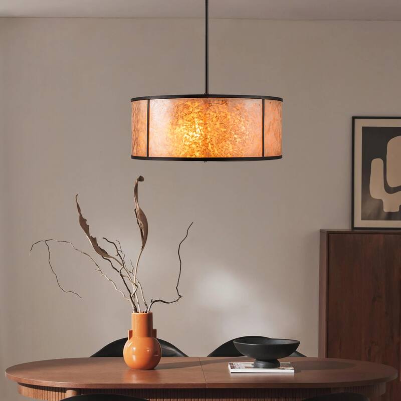 20" W and 8" W Rustic Matte Black Finish Tawny Mica Drum Pendant Light for Living Room & Bedroom