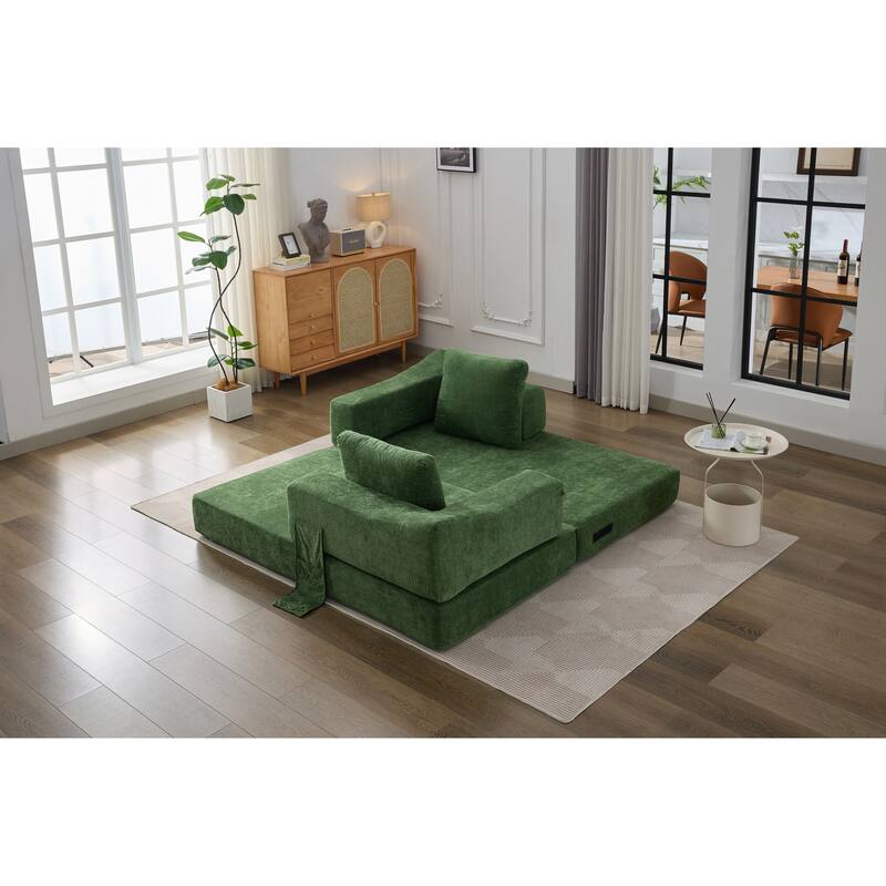 Modern Minimalist Fold-Out Sofa Bed, Convertible Chair Floor Couch, Green Chenille