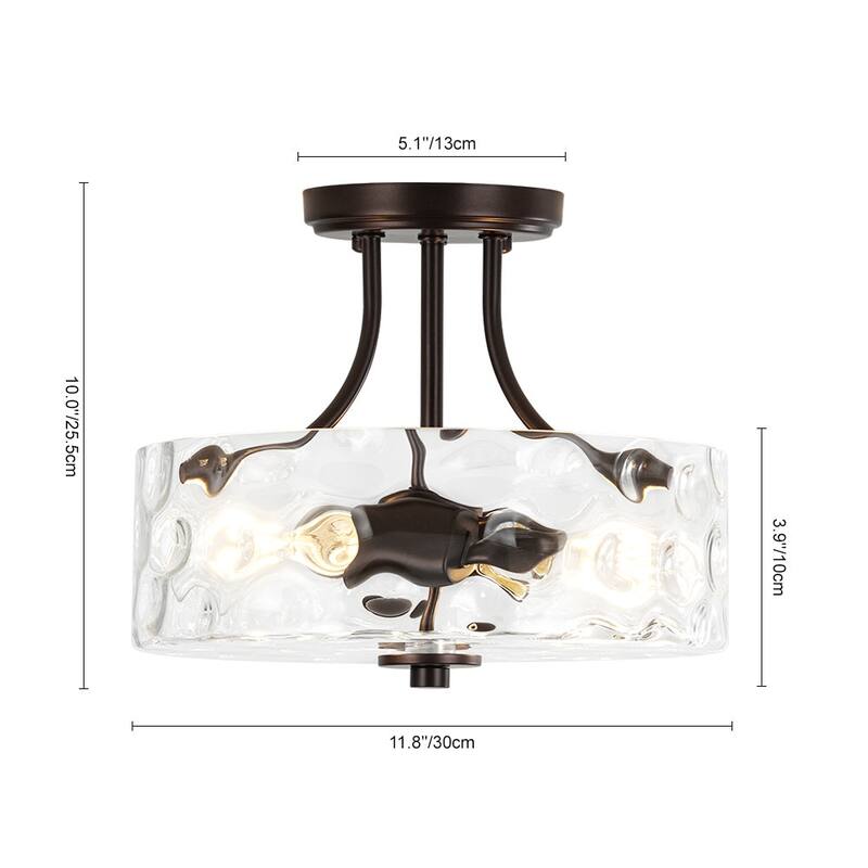 Nickel 2-Light Water Glass Round Semi Flush Ceiling Light - 11.8in
