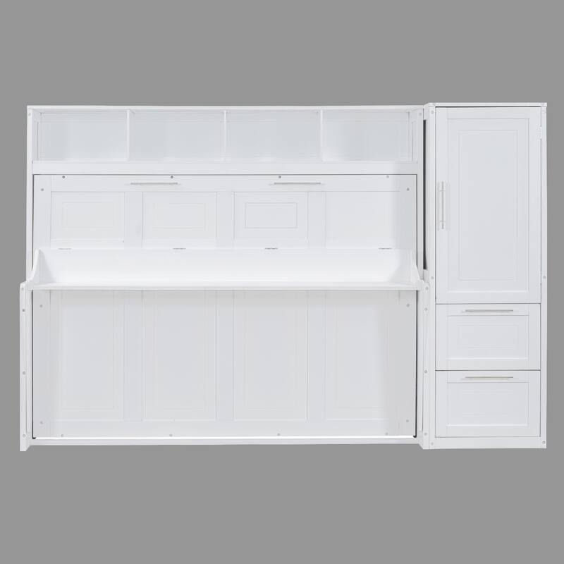 Murphy Bed with Integrated Storage, Full Size Wall Bed with Closet and Drawers - White - Full