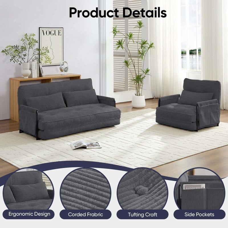 Mixoy Muti-Functional Folding Floor Sofa Bed,Lazy Sofa with Pillows,6 Position Adjustable Backrest-2+1