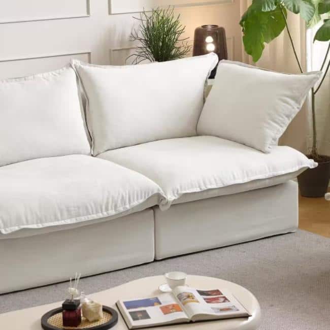 Minimalism Living Room Furniture Set Down Filled Comfort Overstuffed Modern Linen Sofa Loveseat, Chair and Ottoman