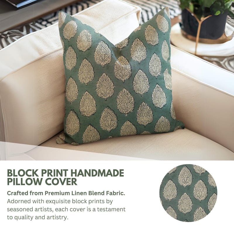 Fabdivine Soft Linen Cushion Cover Floral Block Print for Farmhouse Mustard Living Room or Office Décor, Banke Bihari - Betal Leaf- Bluish Green - 12" x 20" - Pillow Covers