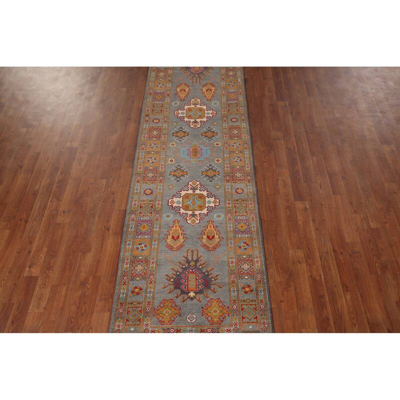 Gray Kazak Oriental Runner Rug Handmade Wool Carpet - 2'8" x 9'7"