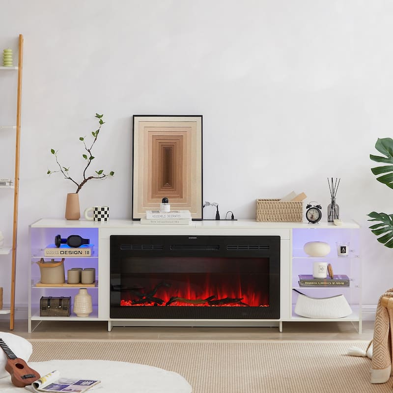 Javlergo Fireplace TV Stand with Power Outlet, Entertainment Center for 75 Inch TV Cabinet with Open Shelves