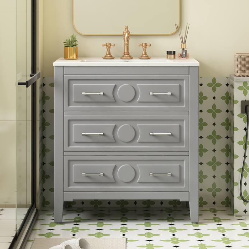 30'' Freestanding Bathroom Vanity with White Integrated Ceramic Sink - 30'' x 18.3'' x 34'' - Grey