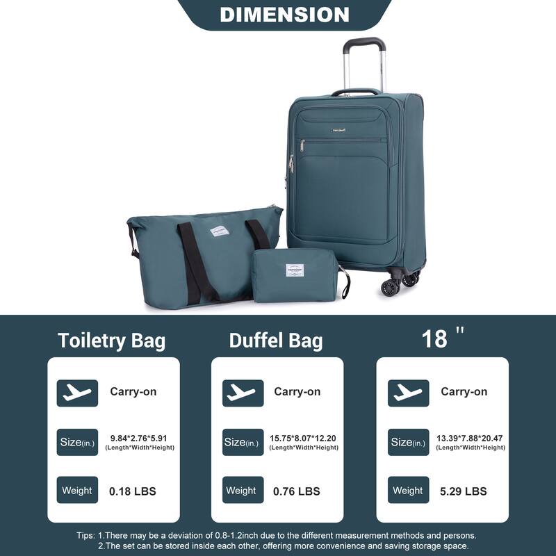 Durable 3-Piece Polyester Luggage Set (18" Carry-On, Travel Bag, Toiletry Bag) with 360° Spinner Wheels