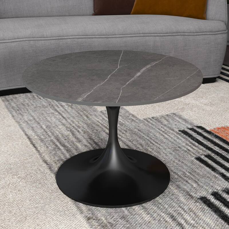 LeisureMod Verve 27" Round Coffee Table with Sintered Stone TableTop and Black Steel Base for Living & Bedroom