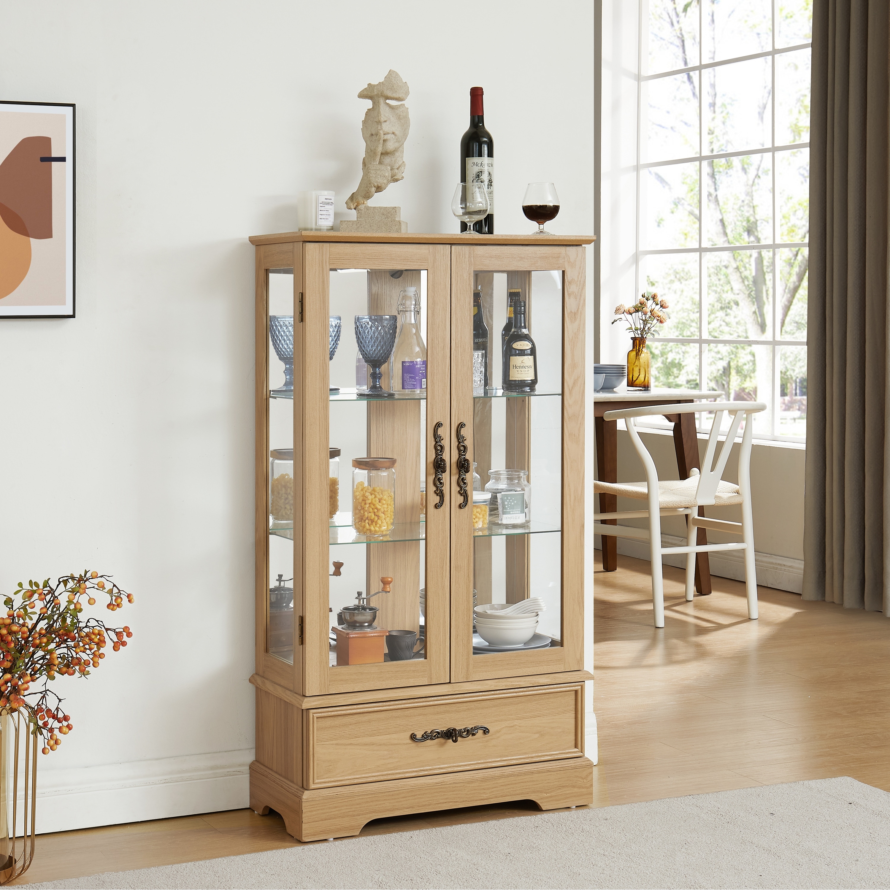 GDFStudio - Traditional Storage Lighted Curio Display Cabinet with Glass Doors and Drawer