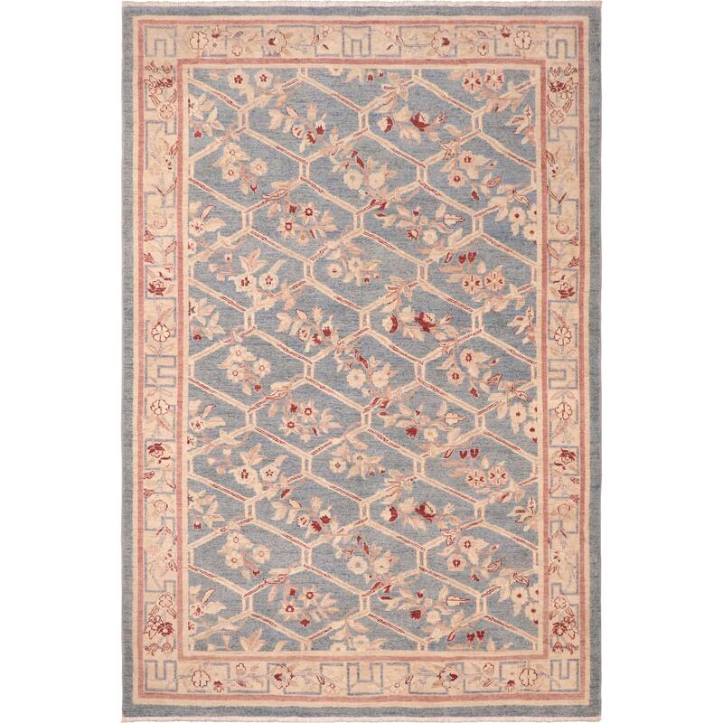 Hexagonal Trellis Floral Hand-Knotted Wool Area Rug - 6'1'' x 9'1''